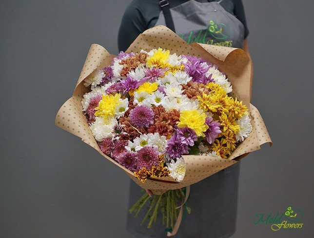 Bouquet of Multicolored Chrysanthemums in Kraft Paper photo